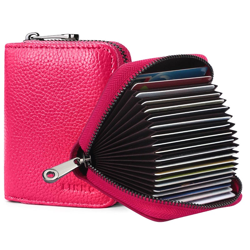 Linno RFID 20 Slots Credit Card Holder Genuine Leather Small Wallet for Women or Men with Zipper - Image 1